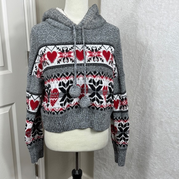 Yes Lola Women L Gray Red Heart Nordic Fair Isle Knit Hoodie Pom Pom Drawstring - Picture 1 of 9